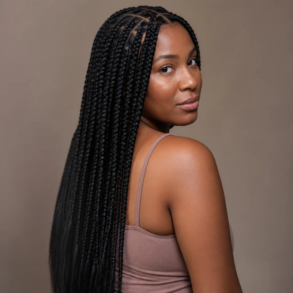 Long jumbo knotless box braids in natural black falling past the waist, shown from a three-quarter back angle