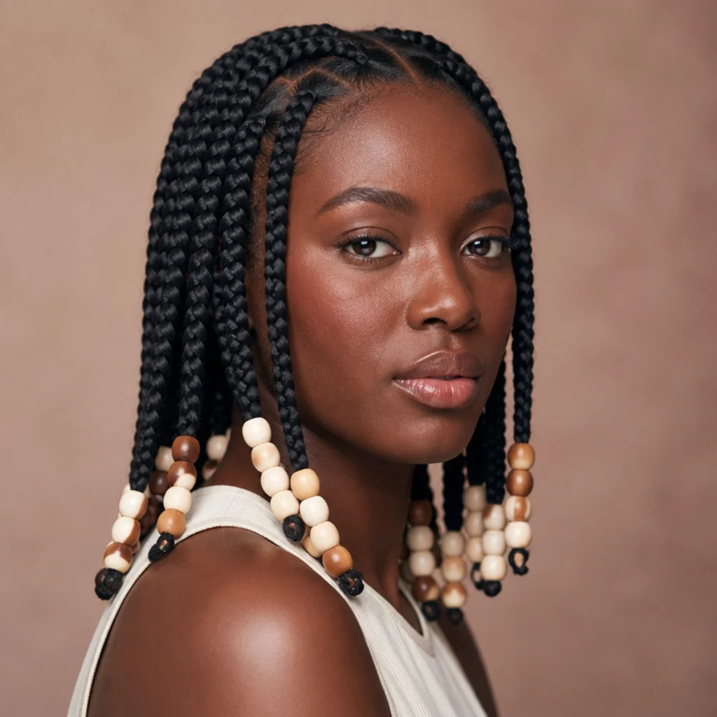Center-parted jumbo box braids with beads threaded onto the ends, warm blush studio background
