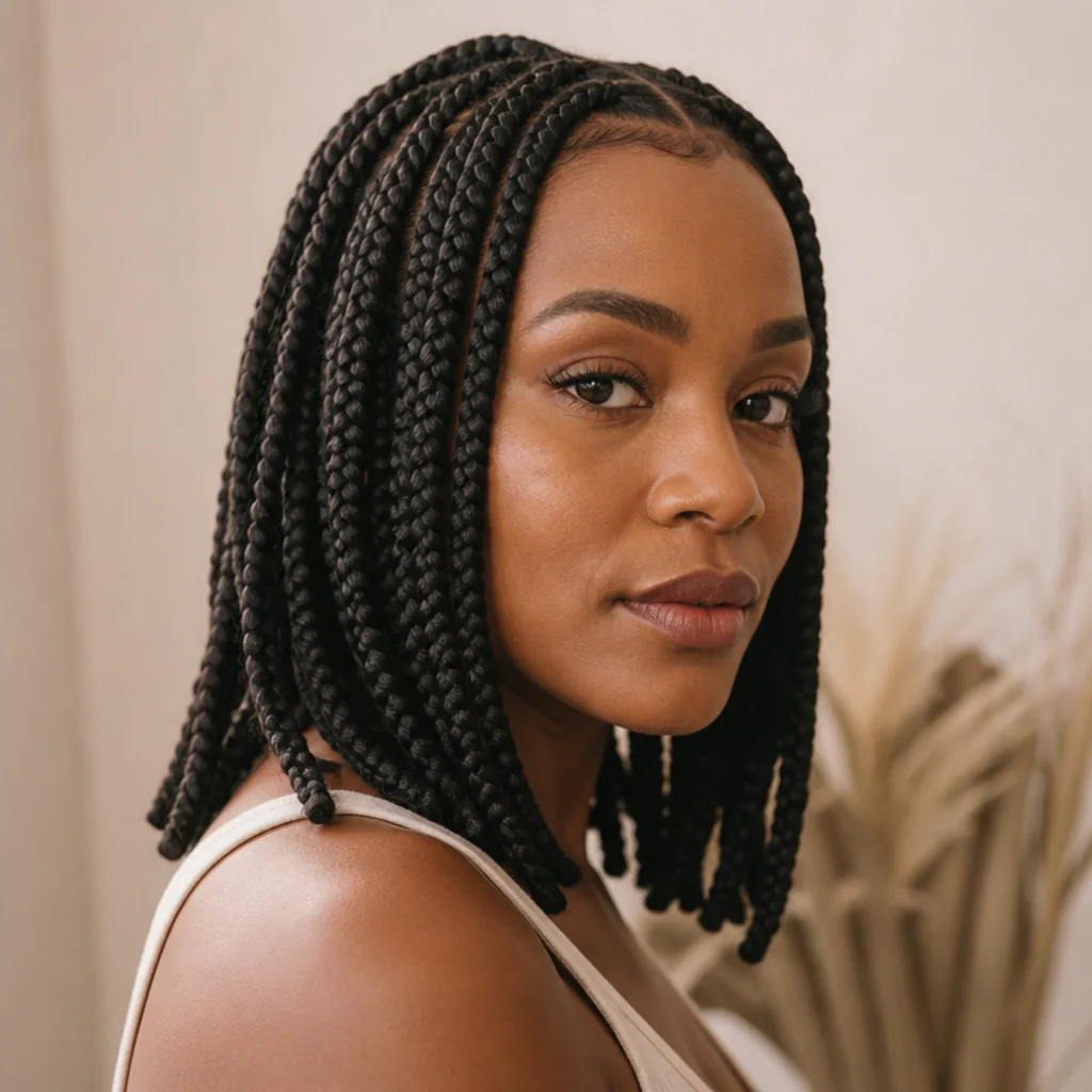Medium jumbo knotless box braids ending at the shoulders on a Black woman, three-quarter side view