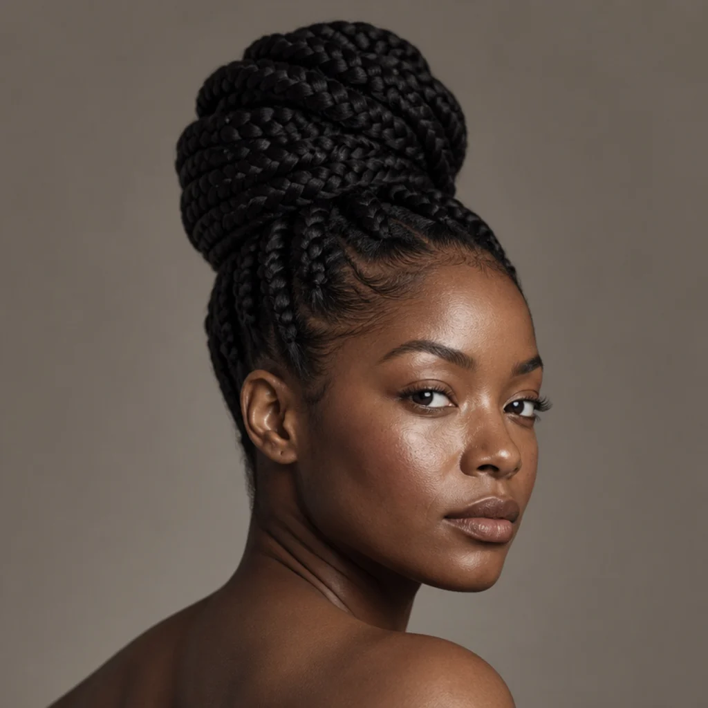 Jumbo box braids gathered into a tall sculpted bun on top of the head, clean nape and hairline