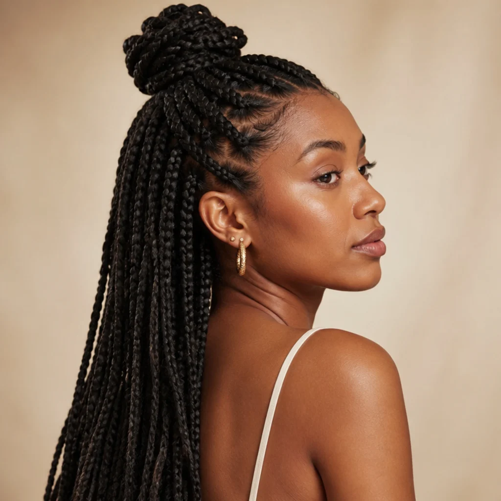 Half-up half-down jumbo braids with the top section in a loose knot and the rest flowing down the back