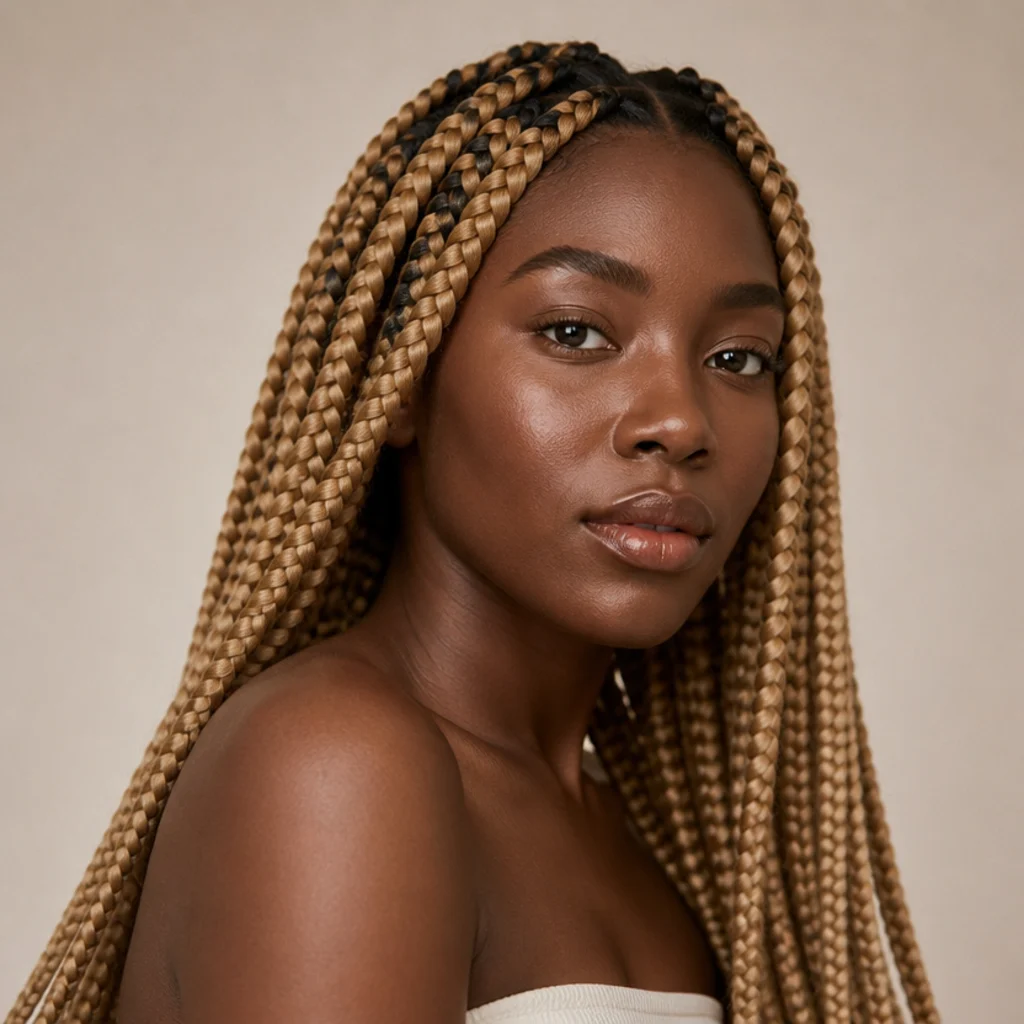 Honey-blonde jumbo box braids on deep skin, long length, warm ivory backdrop, three-quarter angle