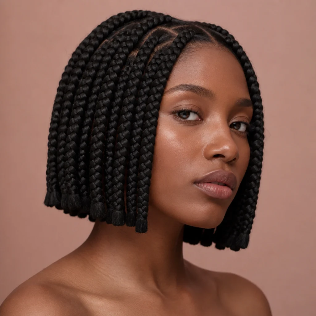 Blunt bob-length jumbo box braids ending at the jaw, sharp clean line, three-quarter front-side view