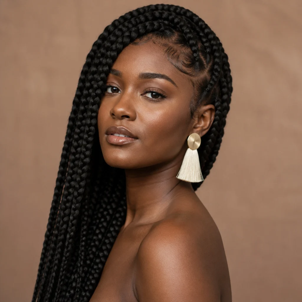 Long jumbo braids swept dramatically over one shoulder, deep side part, editorial pose