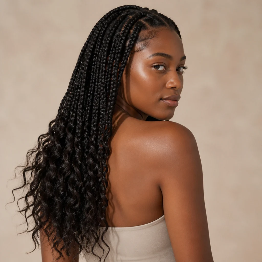 Jumbo box braids finished with loose spiral curls at the ends, soft romantic texture
