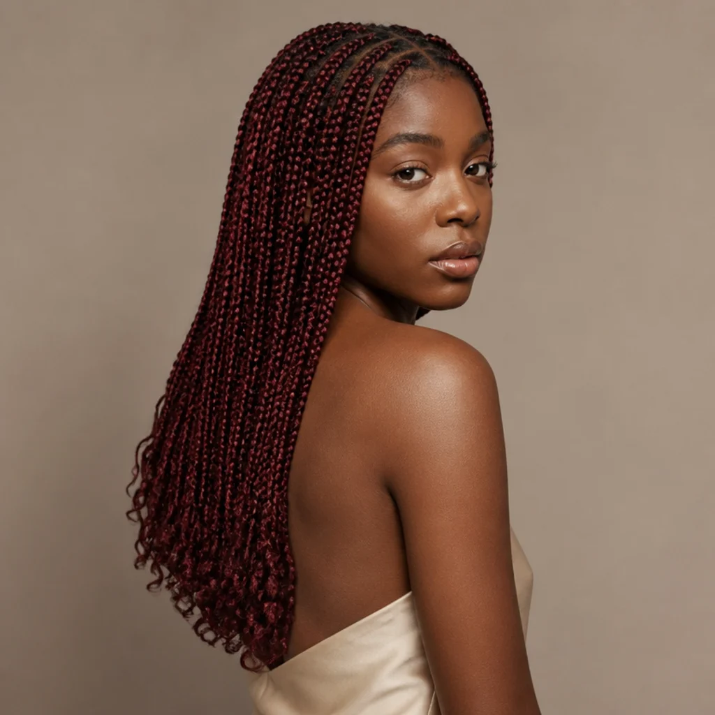 Deep burgundy jumbo knotless box braids catching warm light, long length, three-quarter back view