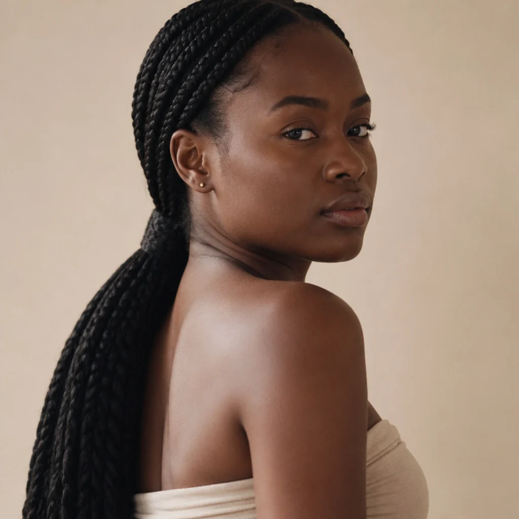 Jumbo box braids gathered into a low ponytail at the nape, one braid wrapped over the holder
