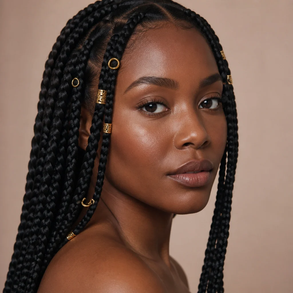Jumbo box braids decorated with gold metal cuffs and rings along several braids, editorial styling