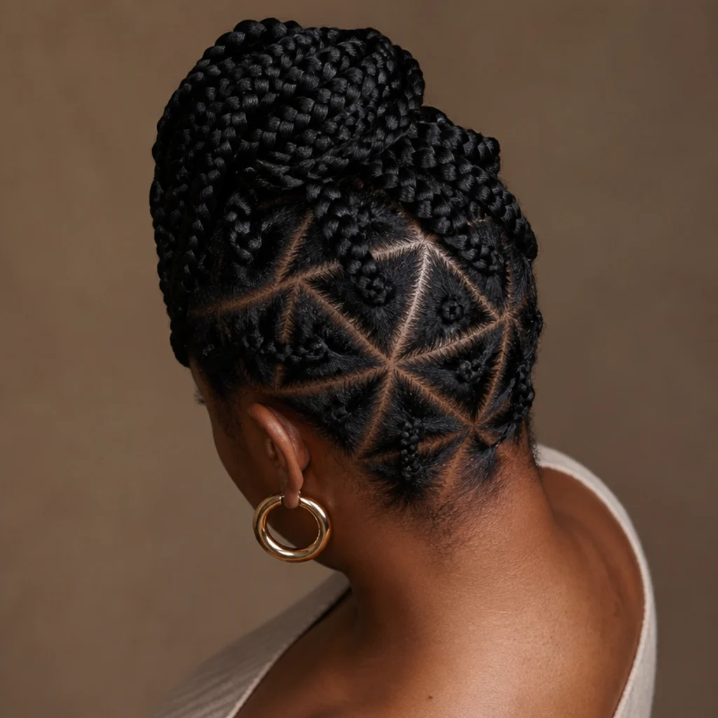 Jumbo box braids with a triangle parting grid visible across the scalp, geometric clean sections