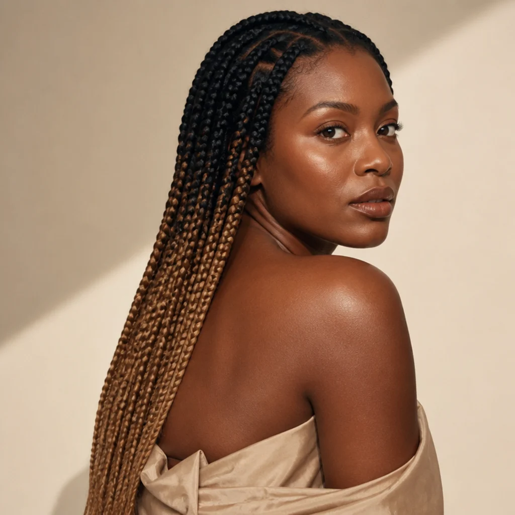 Ombre jumbo braids fading from dark roots to caramel ends, long length, soft diffused light