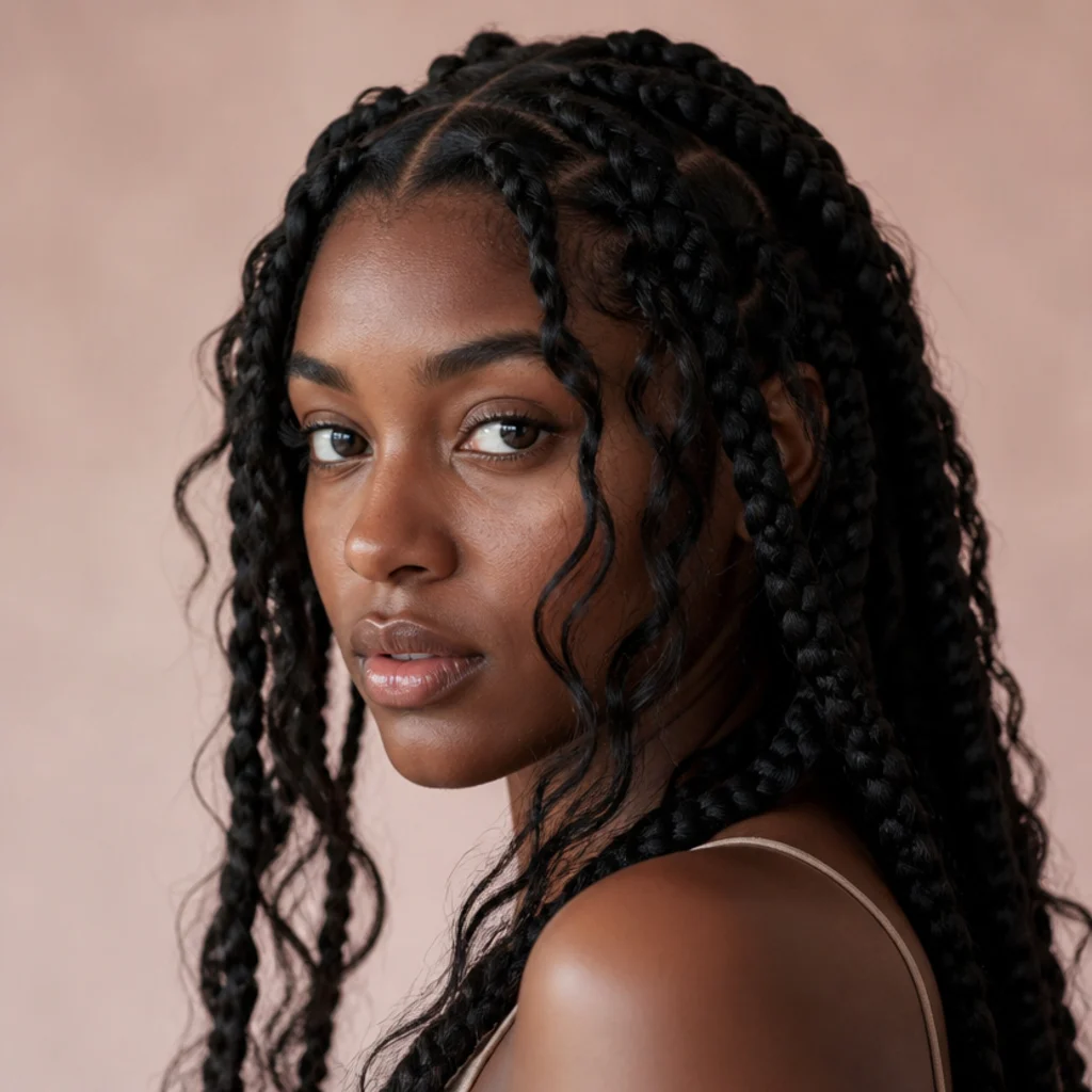 Jumbo goddess braids with wavy human-blend pieces left loose throughout, soft bohemian texture