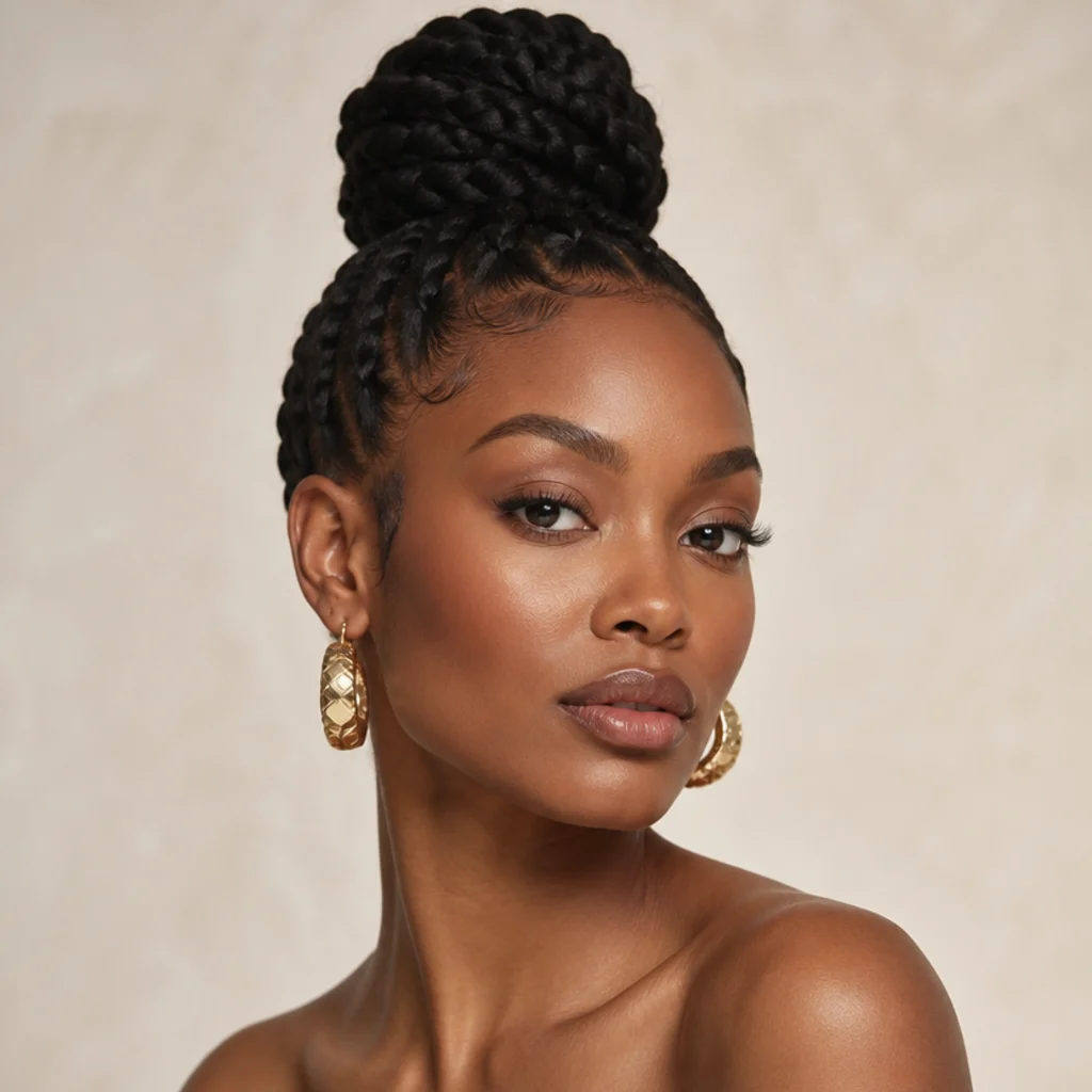Jumbo braids pulled into a single sleek top-knot with a clean face-framing hairline