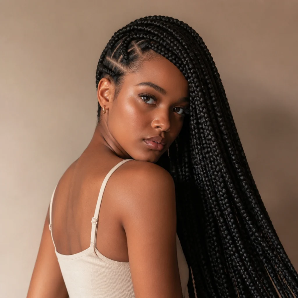 Waist-length jumbo braids with a dramatic deep side part, long sweeping length over one side