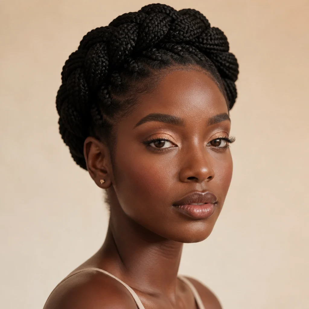 Jumbo braids wrapped around the head into a halo crown braid, regal clean finish