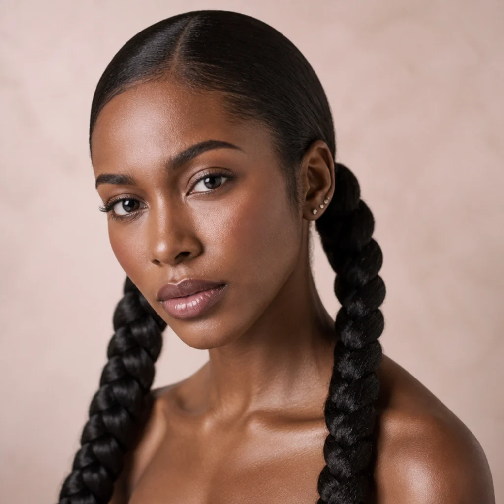 Two thick jumbo braided pigtails, one over each shoulder, playful symmetrical styling