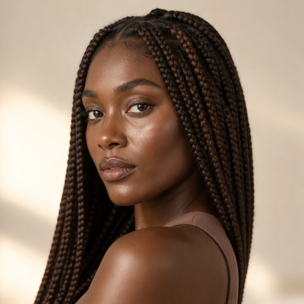 Cocoa-brown medium jumbo knotless box braids on warm skin, natural soft finish, three-quarter view