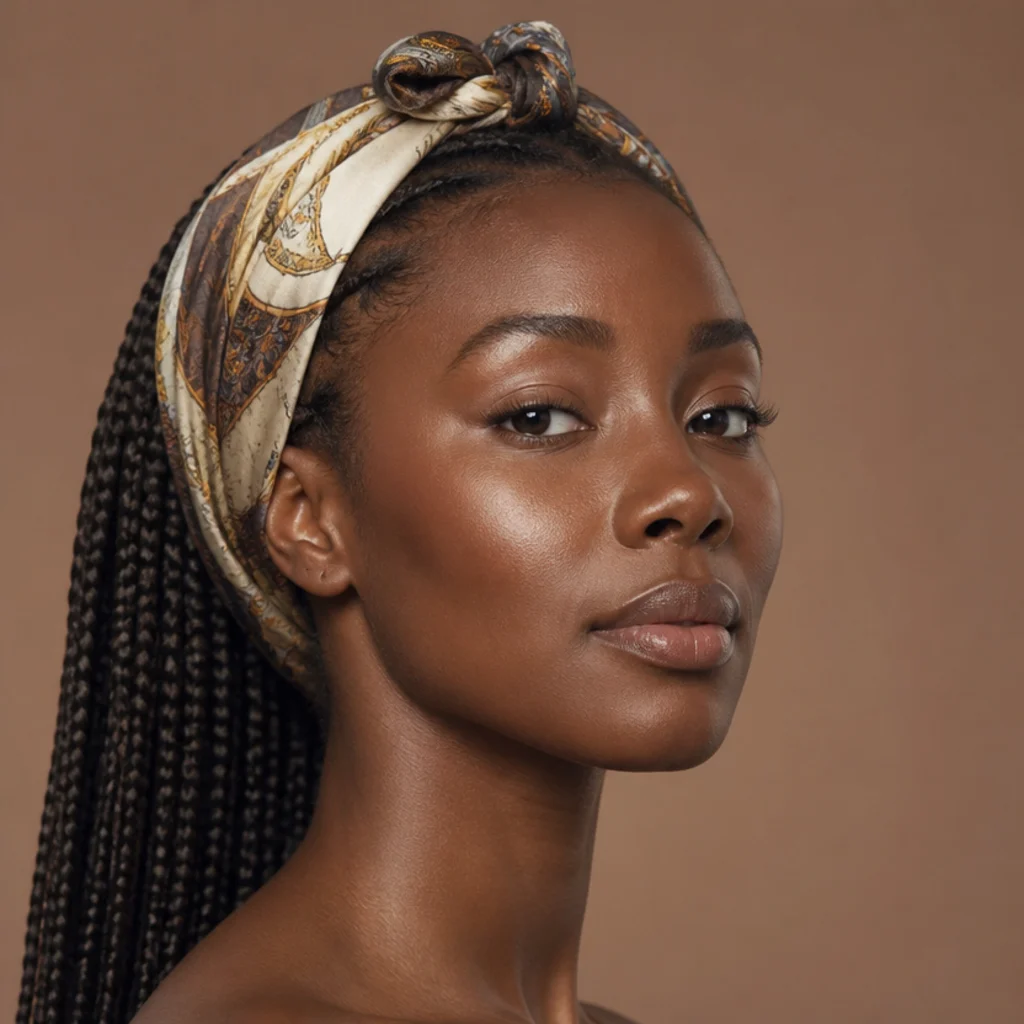 Jumbo braids styled with a silk scarf tied around the crown, ends left flowing, editorial mood