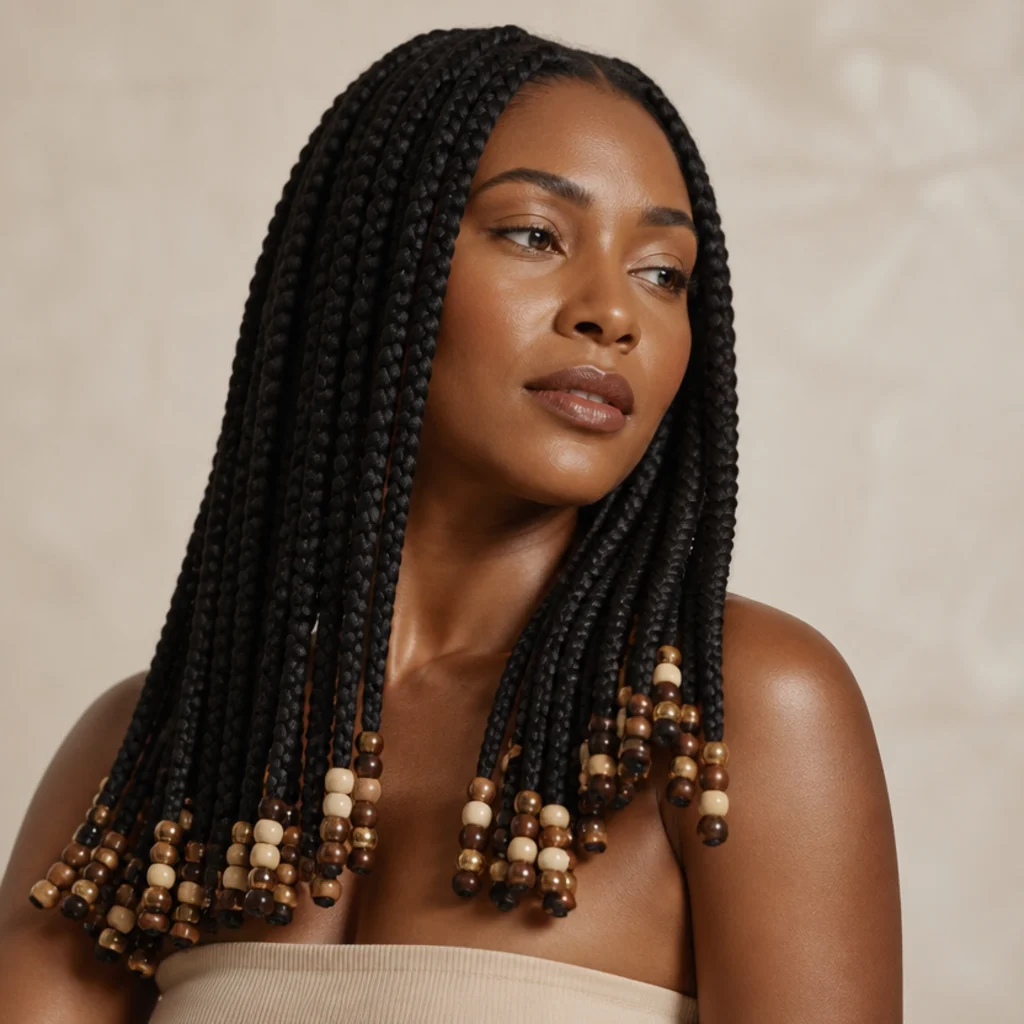Chest-length jumbo box braids with beads clustered at the ends, natural black, soft studio light