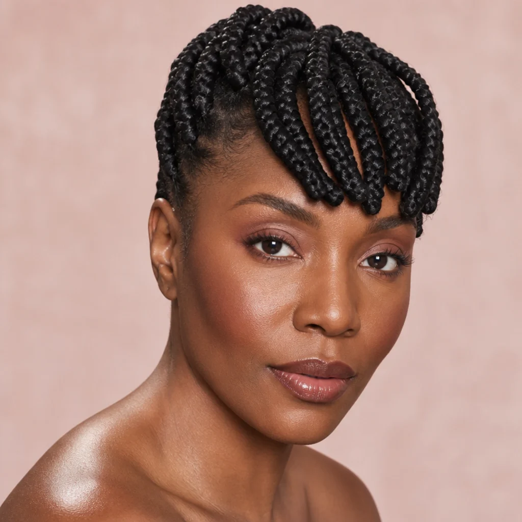 Jumbo braids arranged into a faux bang across the forehead with the rest pulled back