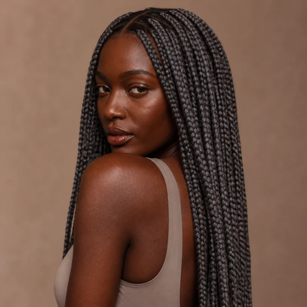 Smoky grey jumbo braids with a cool metallic tone, long length, three-quarter back angle