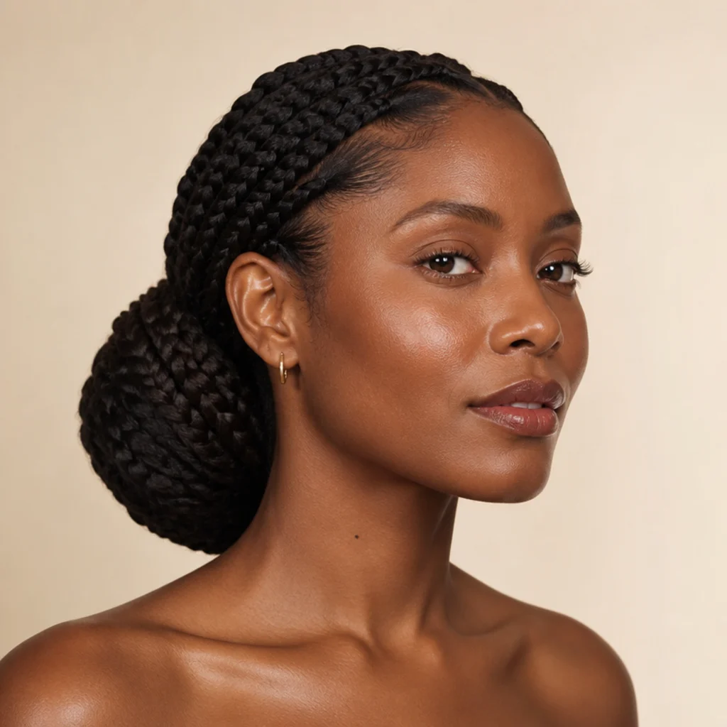 Jumbo braids gathered into a low, sleek, polished bun at the nape with a laid hairline