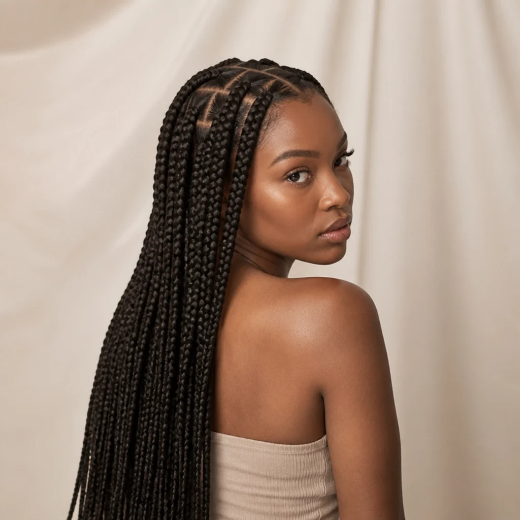 Black woman in long jumbo knotless box braids photographed from a three-quarter back angle against a warm ivory backdrop