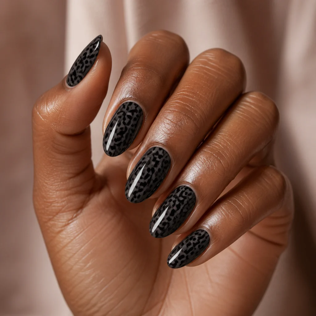Almond nails with a glossy black base and tonal gray and charcoal leopard rosettes across each nail