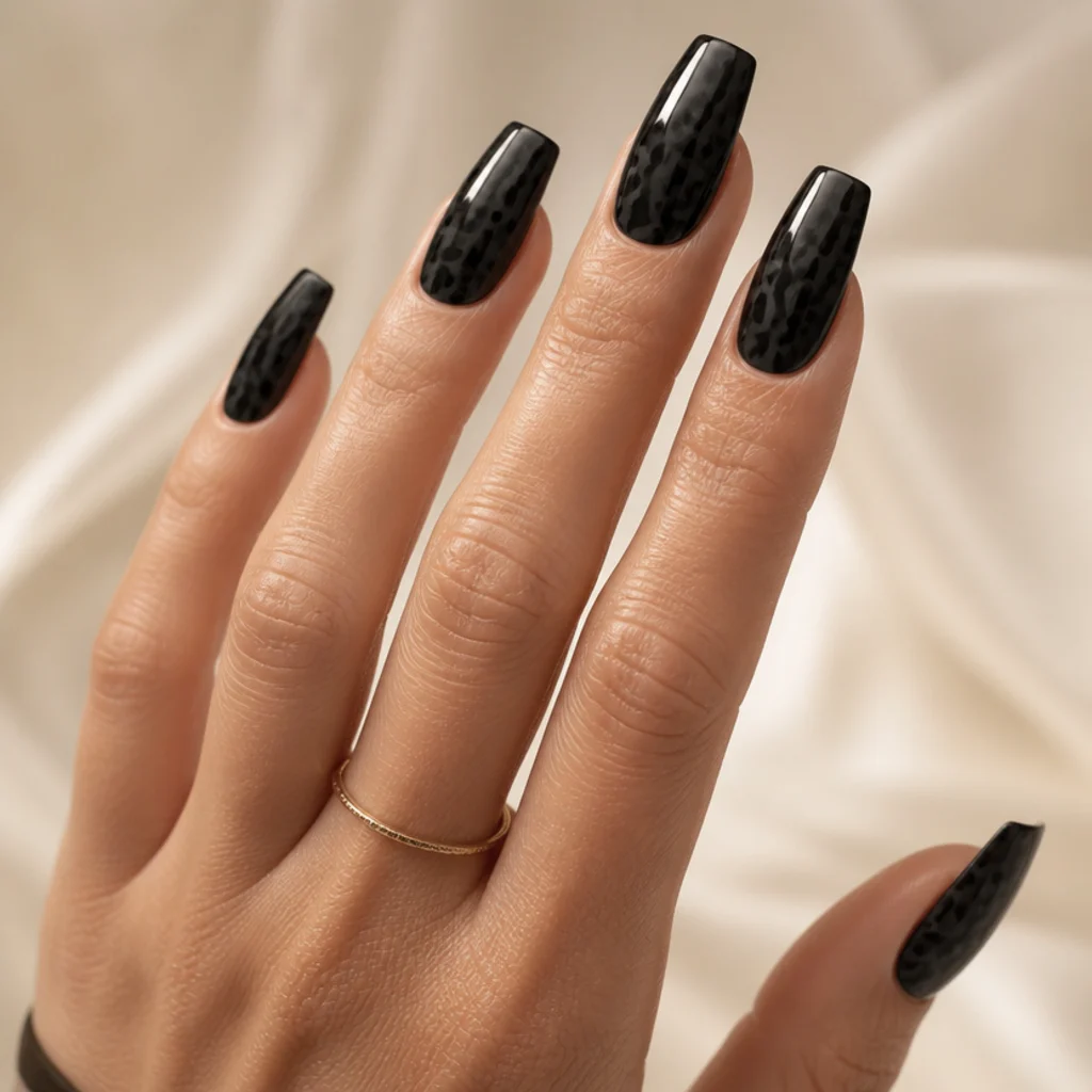 Coffin nails in deep black with subtle charcoal and slate-gray leopard spots for a low-contrast tonal look