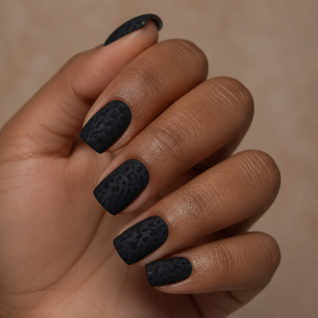 Square nails in matte black with velvety charcoal leopard spots and a no-shine top coat