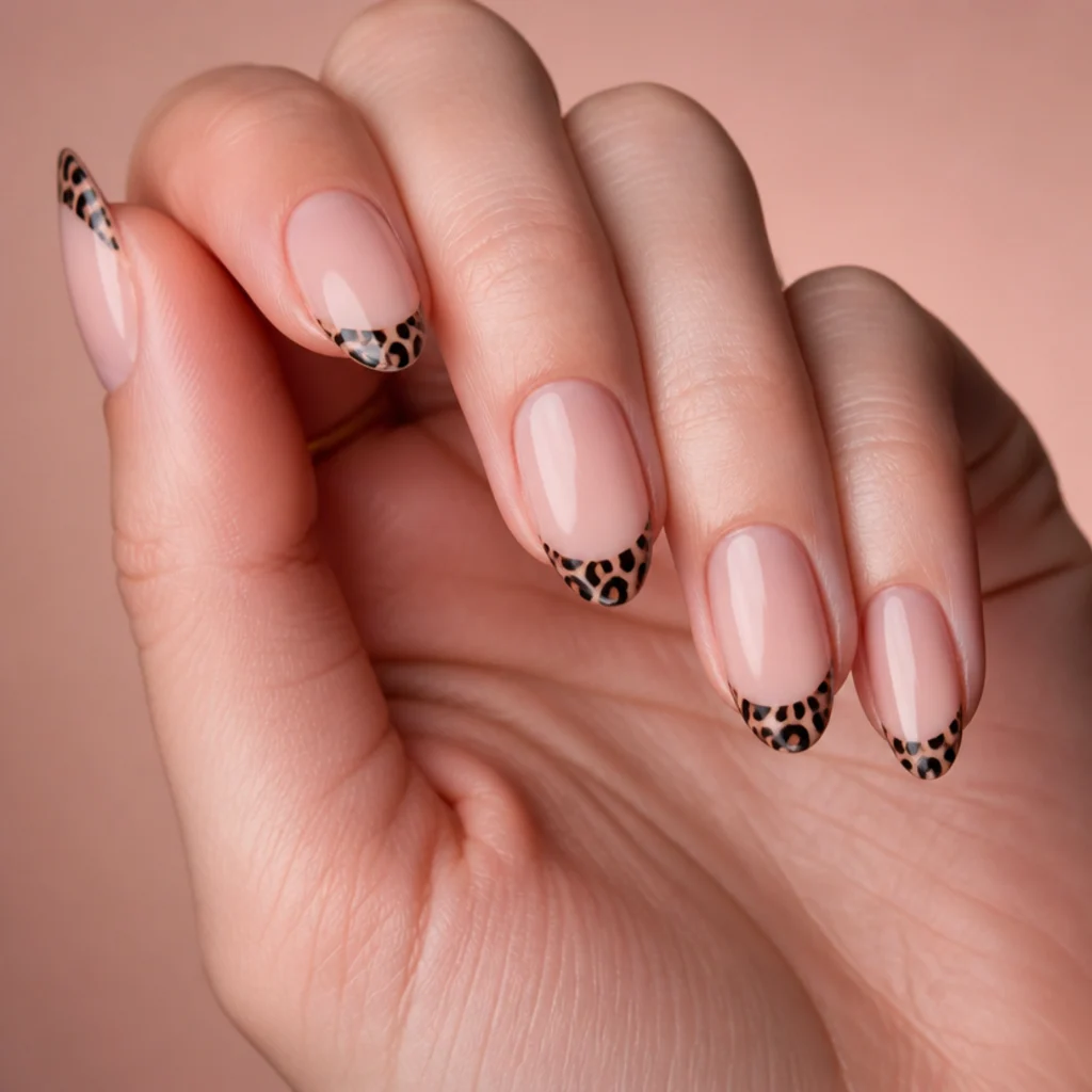 Almond nails with a sheer nude base and black leopard print painted only along the French tip line