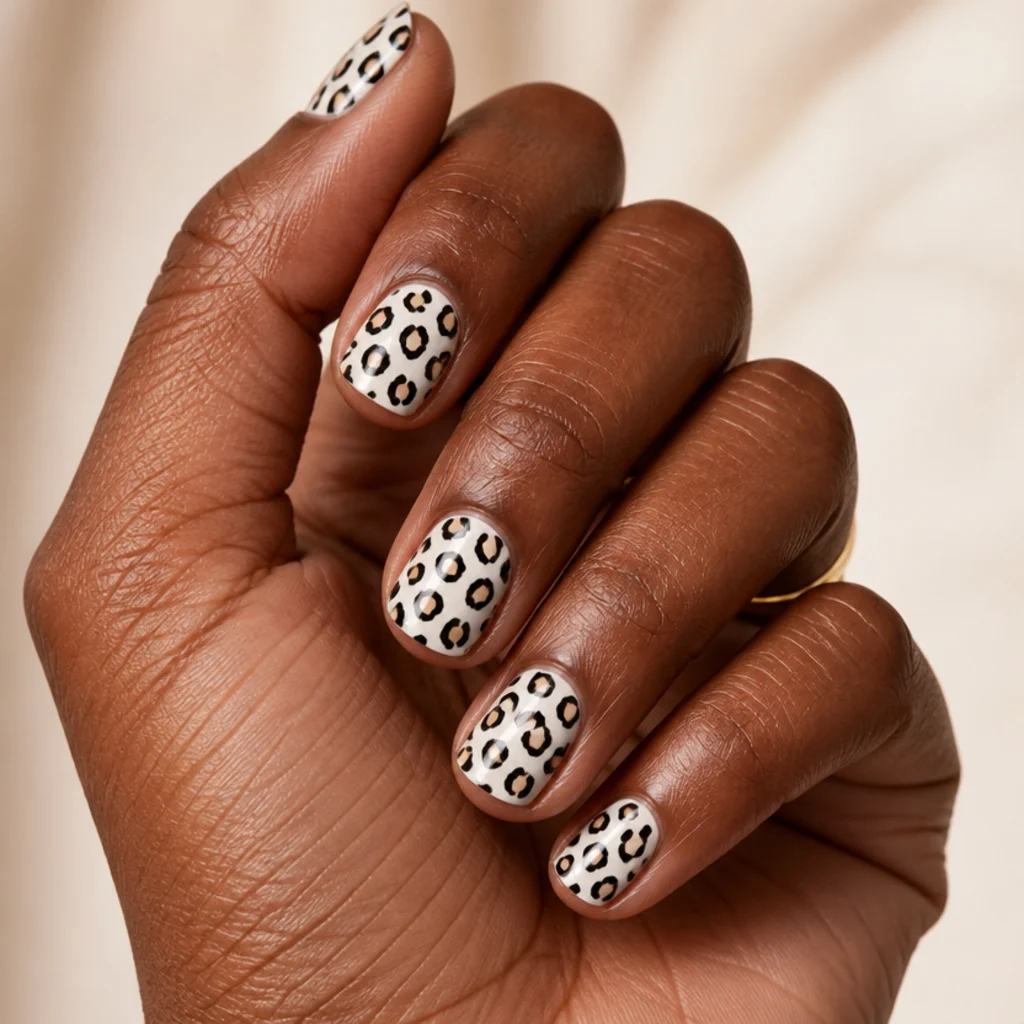 Short round nails in crisp white with tan and black leopard spots and a glossy top coat