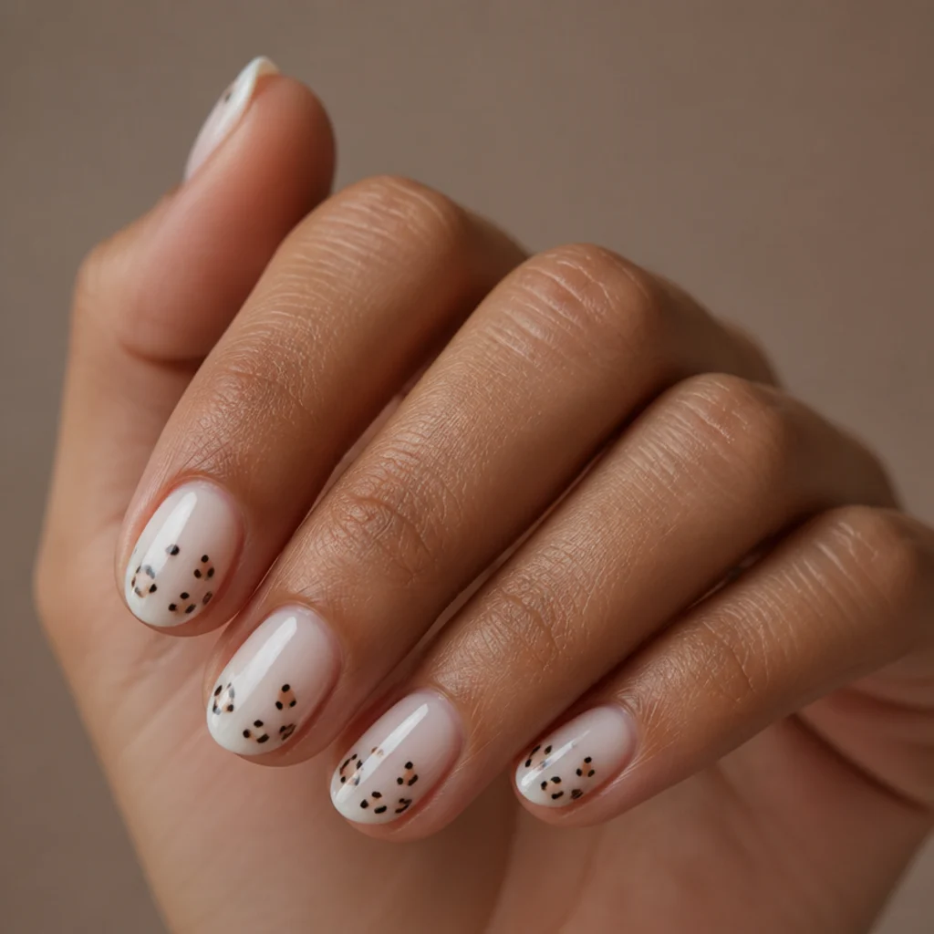 Short almond nails in sheer milky white with tiny sparse leopard spots for a delicate look
