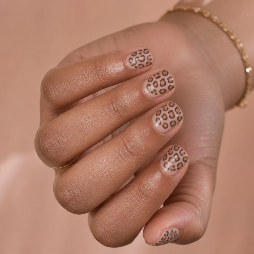 Very short natural nails in nude with small scaled-down leopard spots across each nail