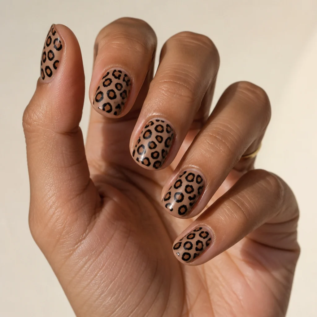 Short squoval nails in warm tan with black and brown leopard spots and a soft gloss