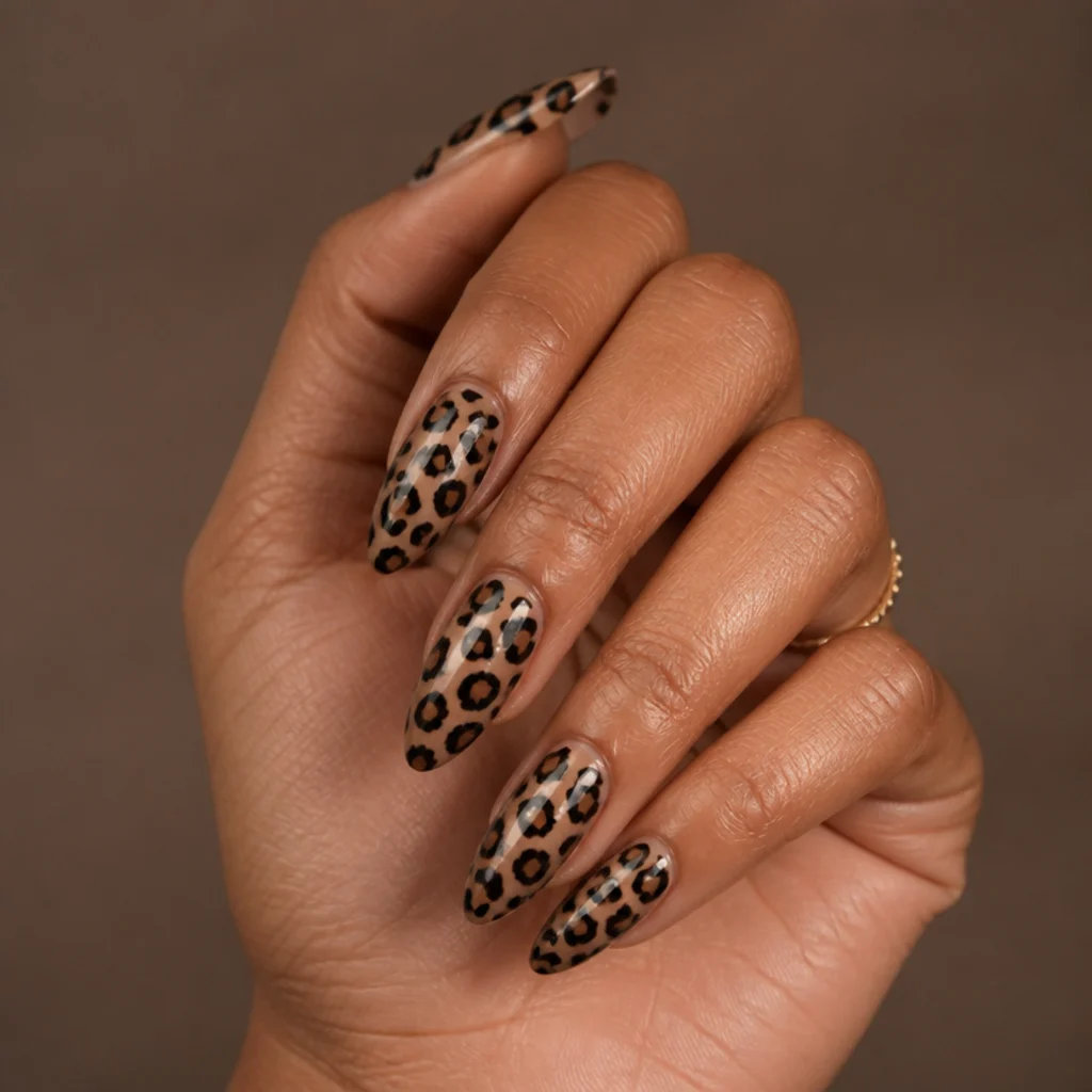 Long almond acrylic nails with a nude base and detailed brown and black leopard rosettes