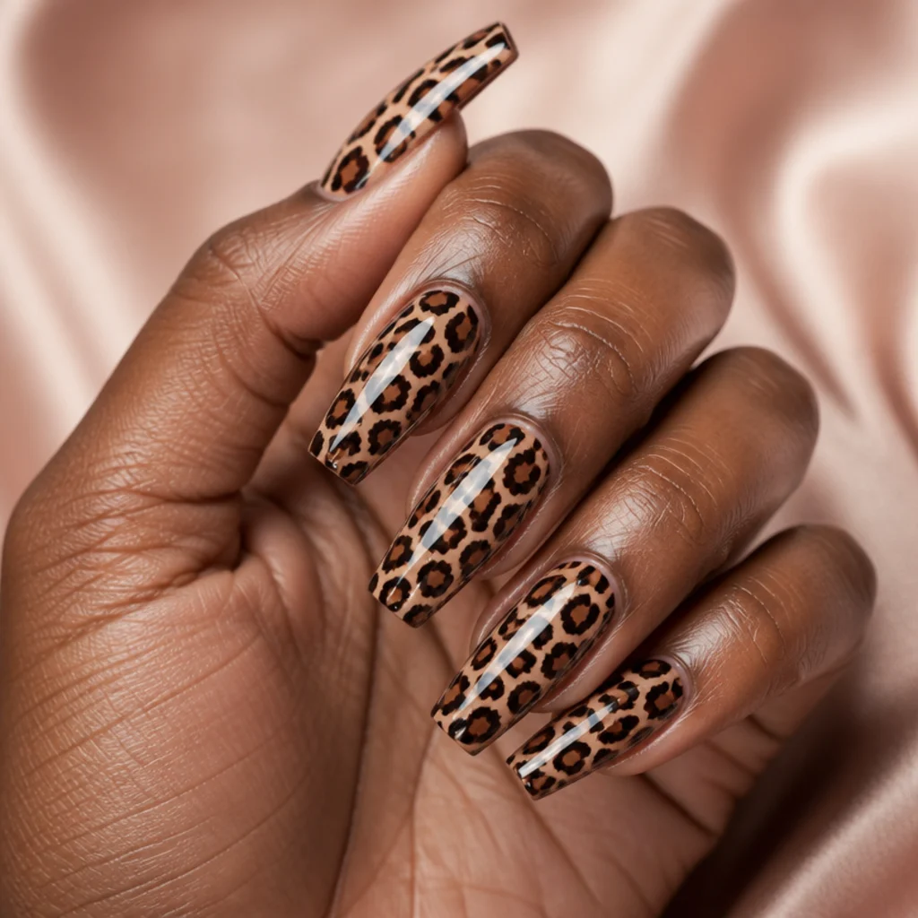 Long coffin acrylic nails in nude with bold brown and black leopard print and glossy finish
