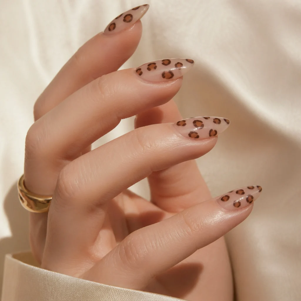Almond nails in soft nude with tan and dark-brown leopard rosettes painted across each nail