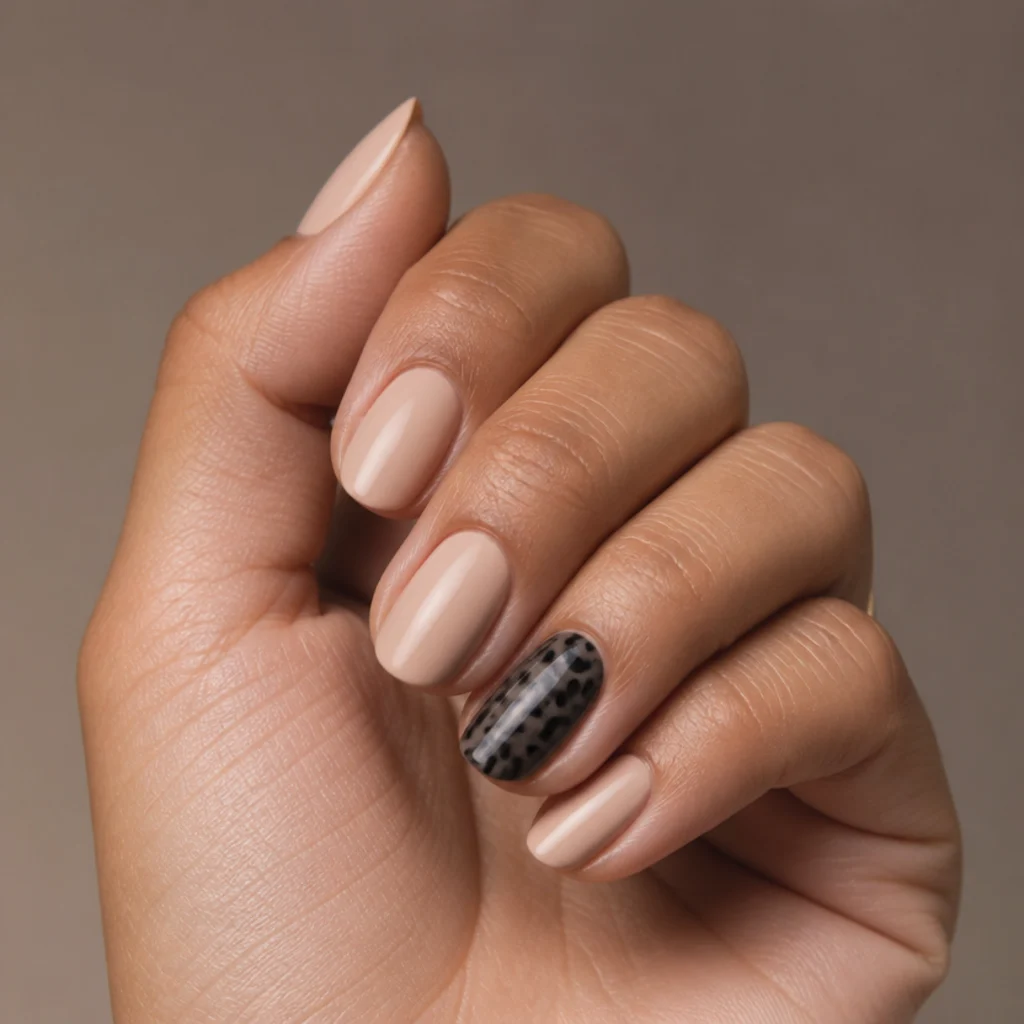 Five nude nails with just the ring-finger accent nail in glossy black leopard print