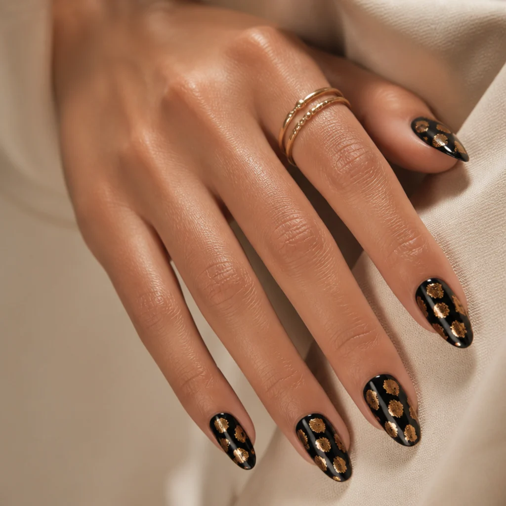 Almond nails in deep black with metallic gold-foil leopard spots catching the light