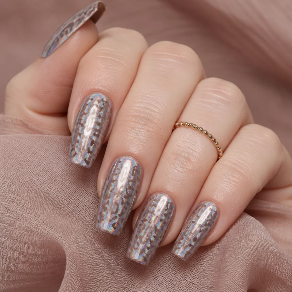 Coffin nails with a mirror-chrome base and tonal leopard print in a deeper mauve