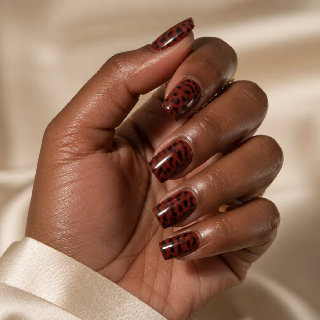 Square nails in deep red with black leopard spots and a high-shine gel finish