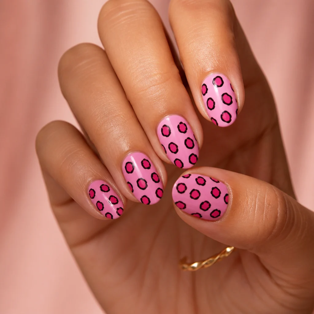 Oval nails in bubblegum pink with hot-pink and black leopard spots and glossy finish