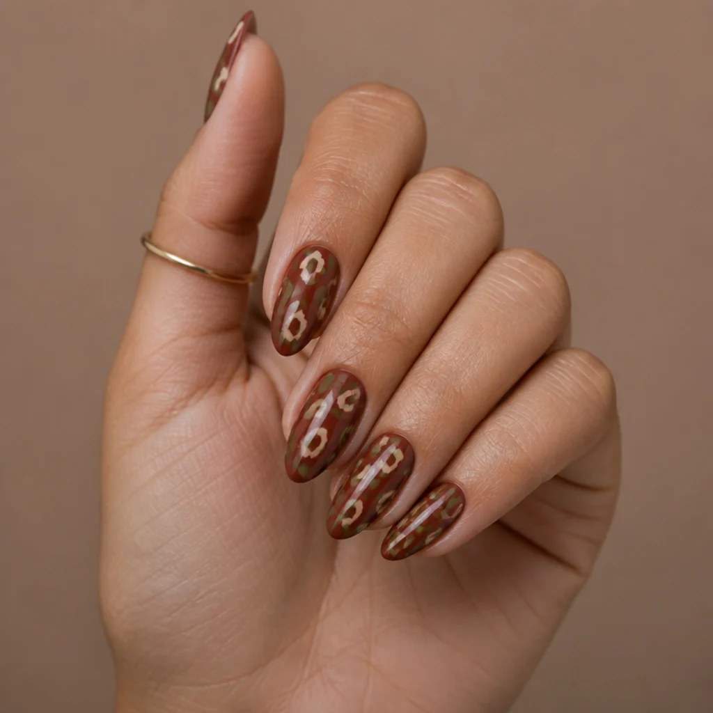 Almond nails in a rust-brown base with olive and cream leopard spots for a fall palette