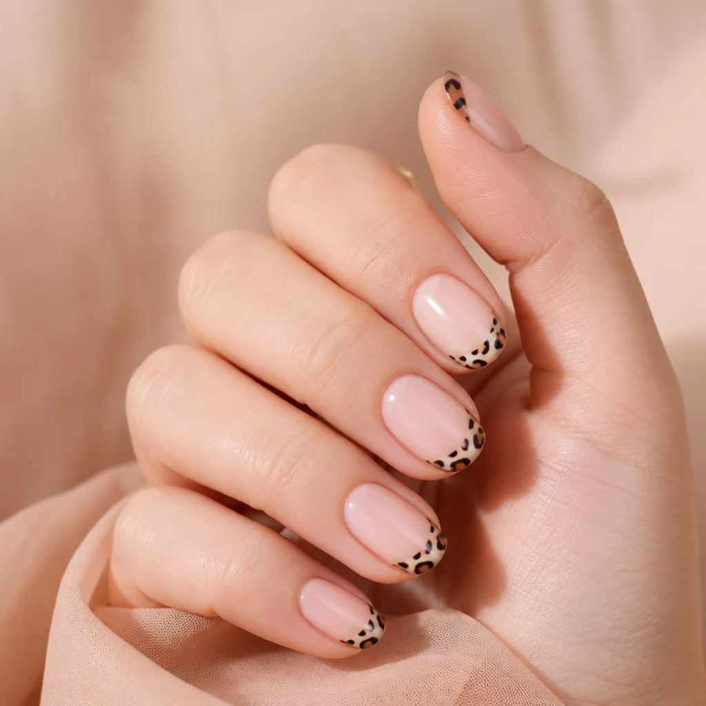 Short almond nails in sheer nude with leopard spots only at the very tips
