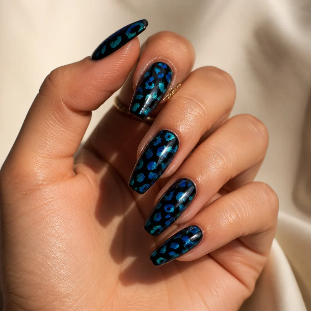 Coffin nails in black with electric-blue and teal leopard spots and a glossy finish