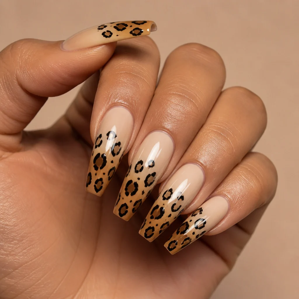 Long coffin nails fading from cream at the cuticle to caramel at the tips with leopard spots