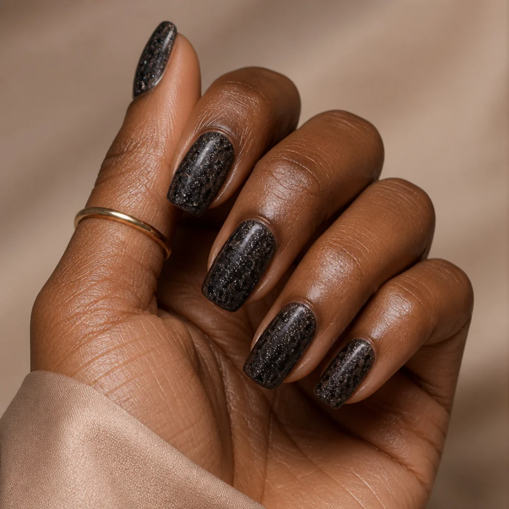 Square nails in black with fine silver glitter and tonal leopard spots catching sparkle