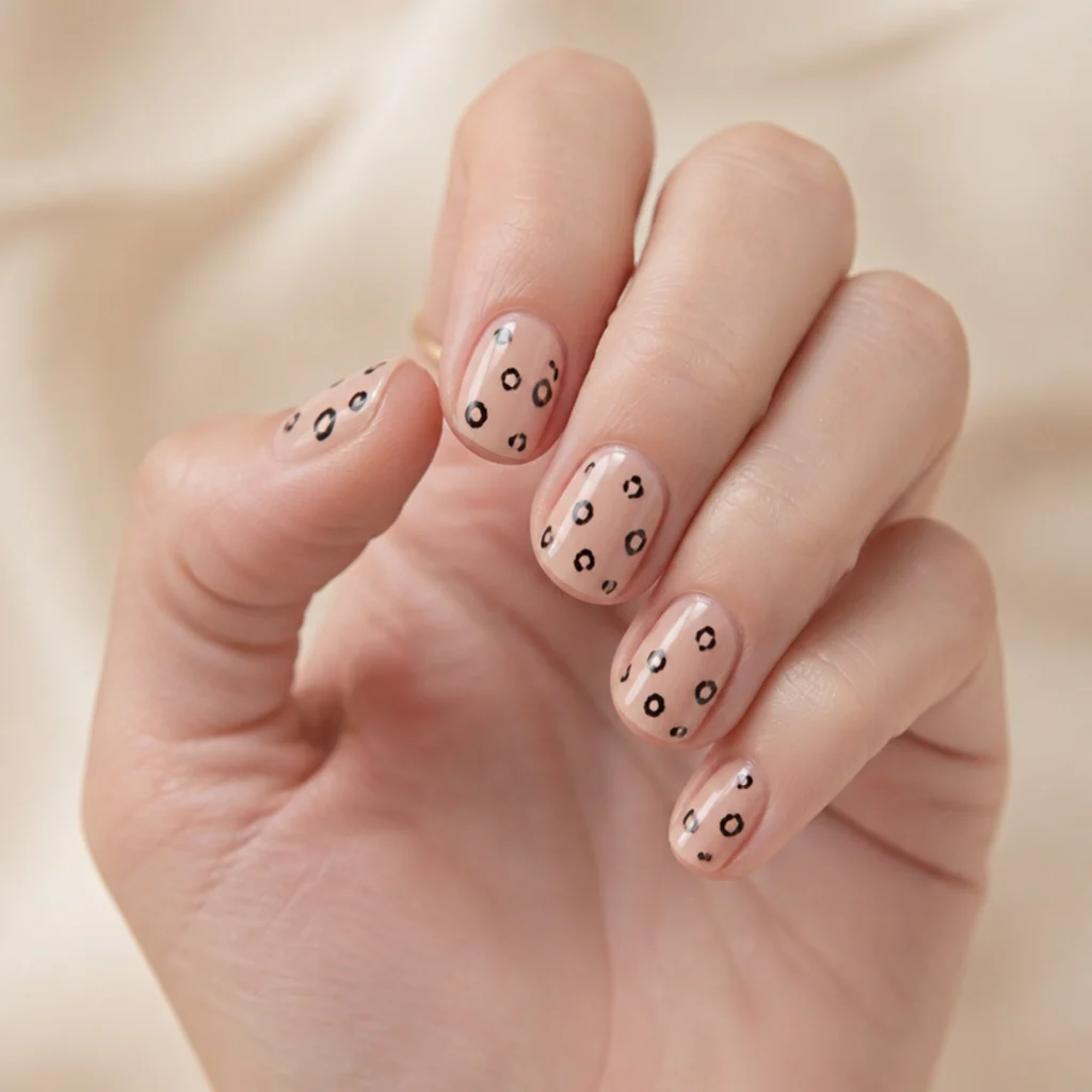 Short square nails in nude with tiny sparse black leopard spots for a subtle understated look