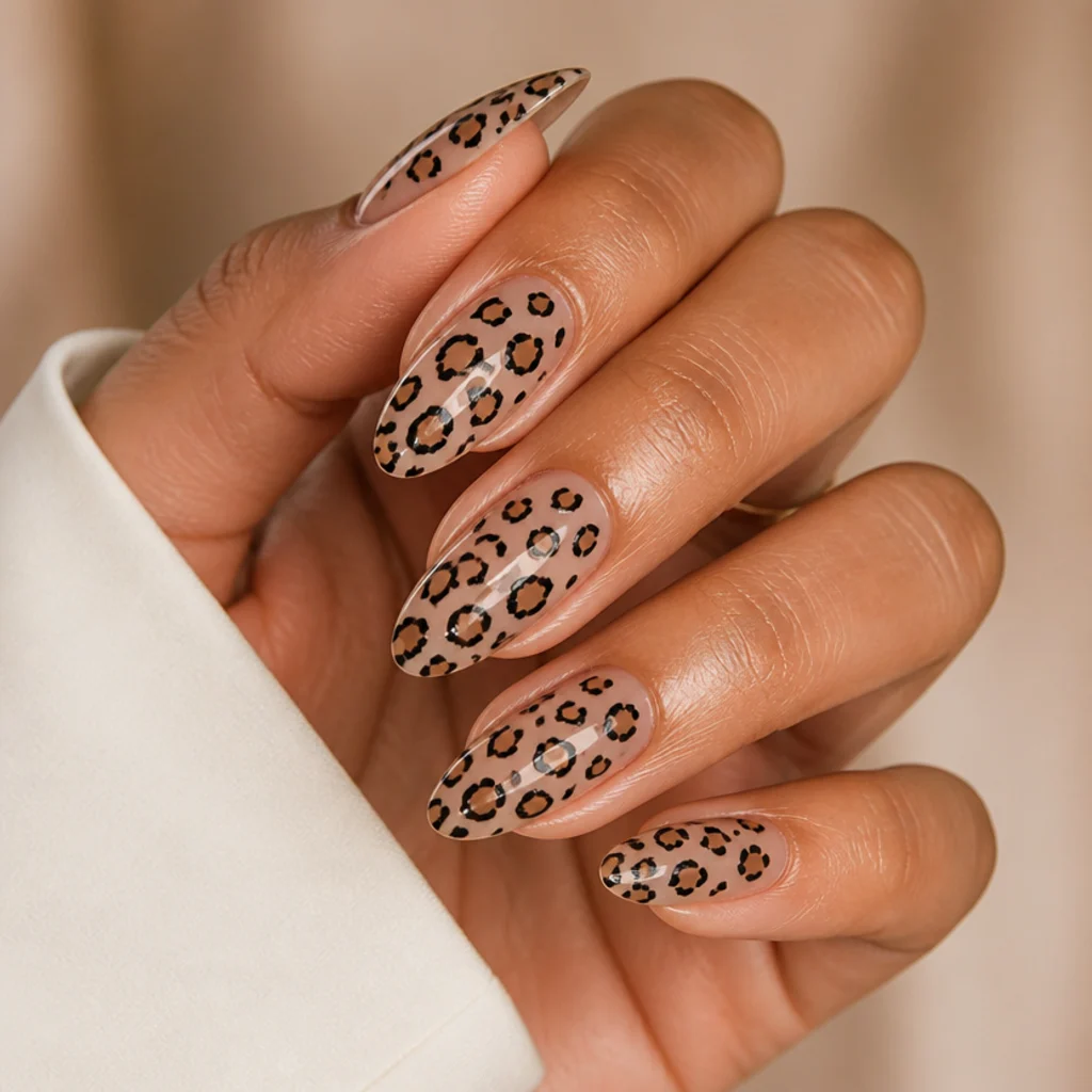 Close-up of almond nails in soft nude with hand-painted brown and black leopard rosettes catching soft studio light