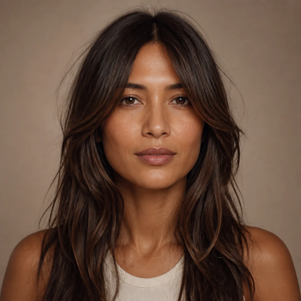 Front-facing portrait of a woman with a soft long shag and curtain bangs parting away from the cheekbones in warm brunette